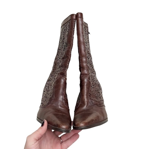 Zara Brown Floral Laser Cut-Out Leather Boots Sz 40 - Picture 3 of 7